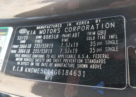 2016 Kia Sedona Sx Luxury z USA, uszkodzony, nr VIN KNDME5C14G6184631